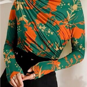 Women’s Green High Neck Long Sleeve Floral Top Ruched Stretch Casual Shirt